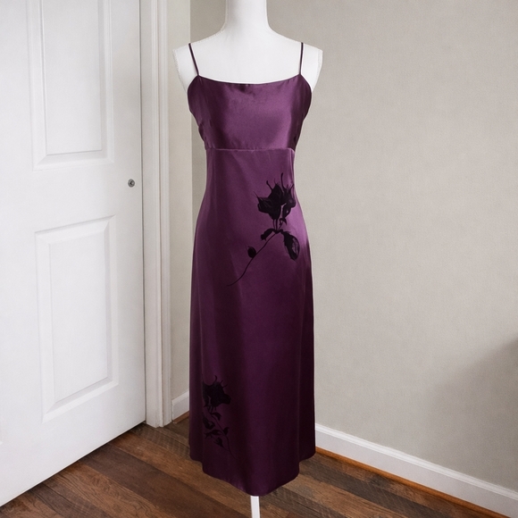 Casual Corner Dresses & Skirts - Vintage Y2K Silk Slip Dress Purple Maxi Midi Black Rose Spaghetti Strap Size 12
